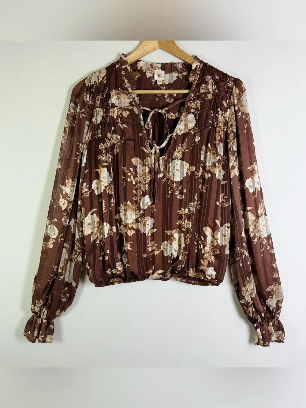 Autres Filles Anthropologie Floral Boho Peasant Blouse Brown Tie Neck Top Sz S - Picture 2 of 10